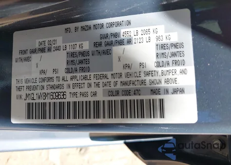 2021 Mazda Mazda6 Carbon Edition/Grand Touring Reserve from USA, damaged, VIN JM1GL1WY8M1609636